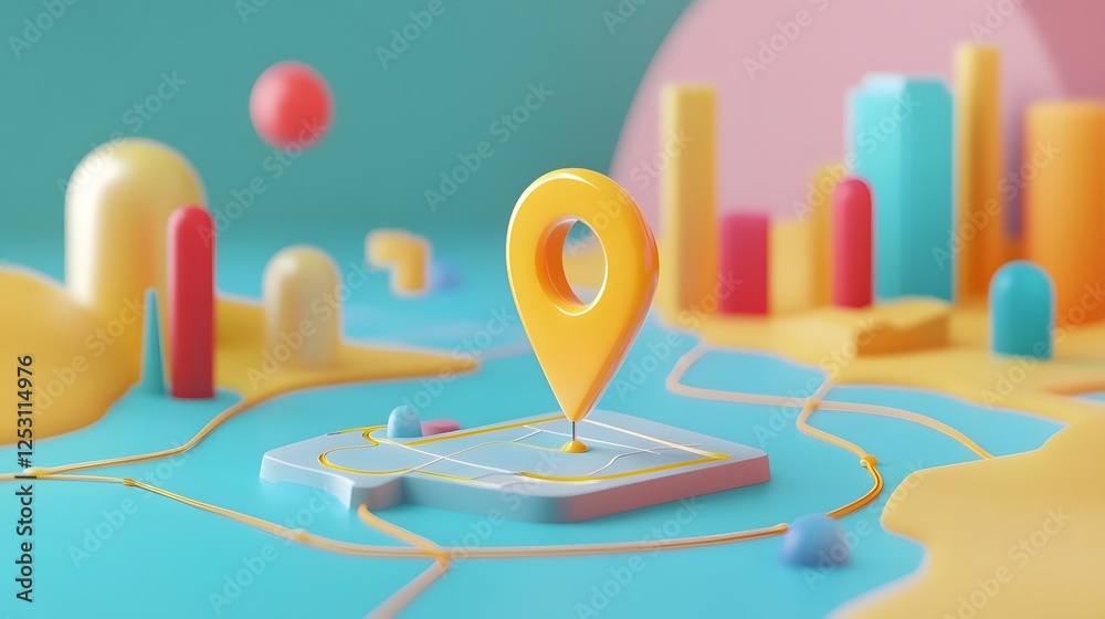Leinwandbilder 3D colorful digital map marker and location tracking concept visualized on abstract city skyline background  Interactive navigation wayfinding