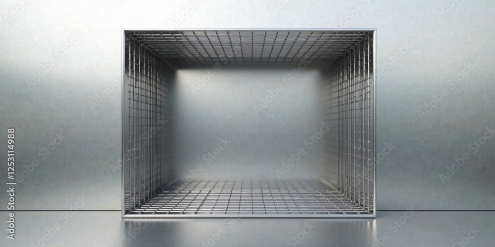 Poster Empty metallic wireframe cube on a reflective surface against a gray backdrop, showcasing minimalist industrial design aesthetics
