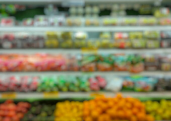 Blurred of product shelves in supermarket or grocery store, use as background