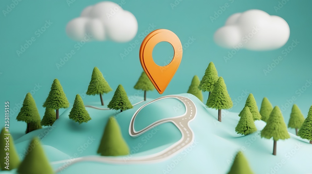 Fototapete 3d digital of a stylized and abstract forest landscape with green pine trees and white clouds in the