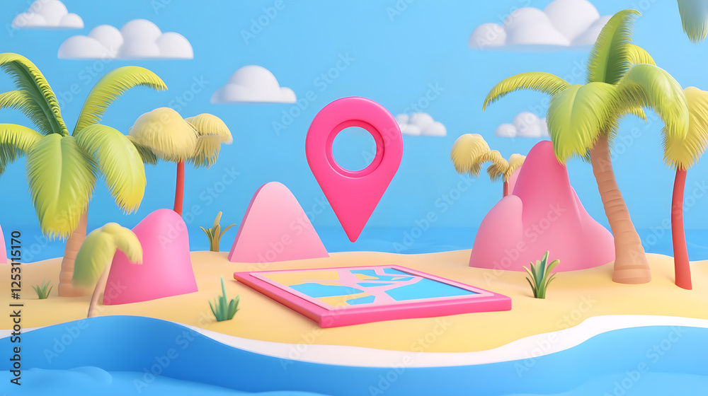 Poster 3D digital of a mobile navigation or map application interface featuring a tropical beach landscape with palm trees a colorful location pin and vibrant cloud and sky elements