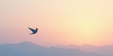 Fototapeta premium Serene Silhouette of a Bird in Flight Against a Soft, Pastel Sunset Over Rolling Hills
