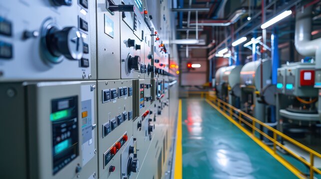 Electrical switchgear, Industrial electrical switch panel at substation in industrial zone at power plant with closed up high resolution 50M pixel concept which customer can use for large file.