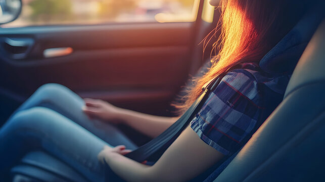 Close Up of people woman hand fastening seat safety belt in car for safety before driving on the road. concept transport travel. soft focus.