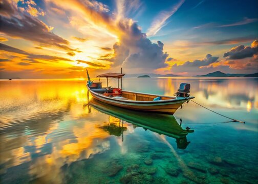 Panoramic View of Traditional Thai Kolae Fishing Boat at Sunset