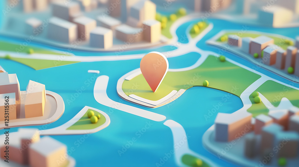 Aufkleber 3d isometric cityscape with gps navigation pointer indicating a landmark on the digital urban map in