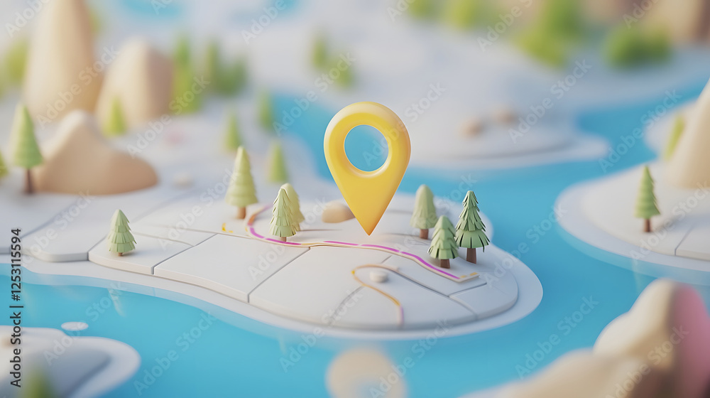 Poster 3d illustrated map with gps pin marker pointing to a scenic landscape of mountains forests rivers an