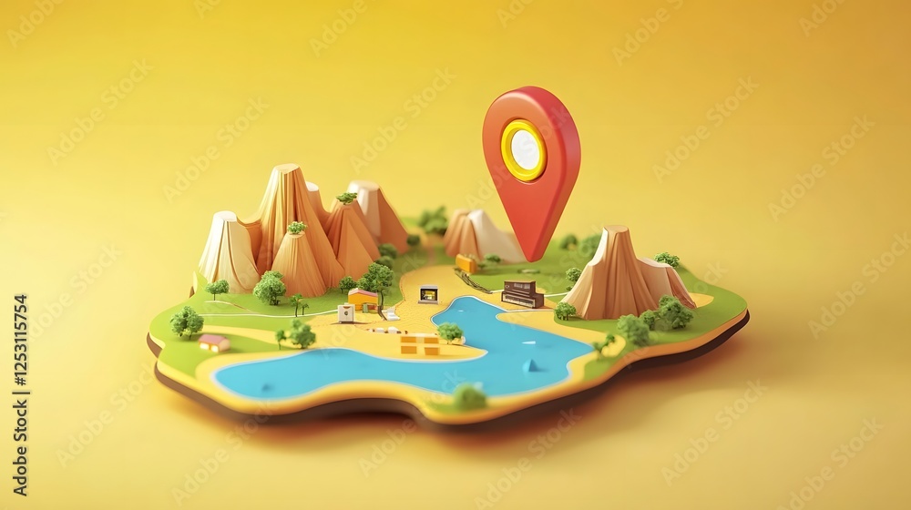 Poster 3d of a compass pin on a stylized mountainous landscape map for travel adventure and concepts