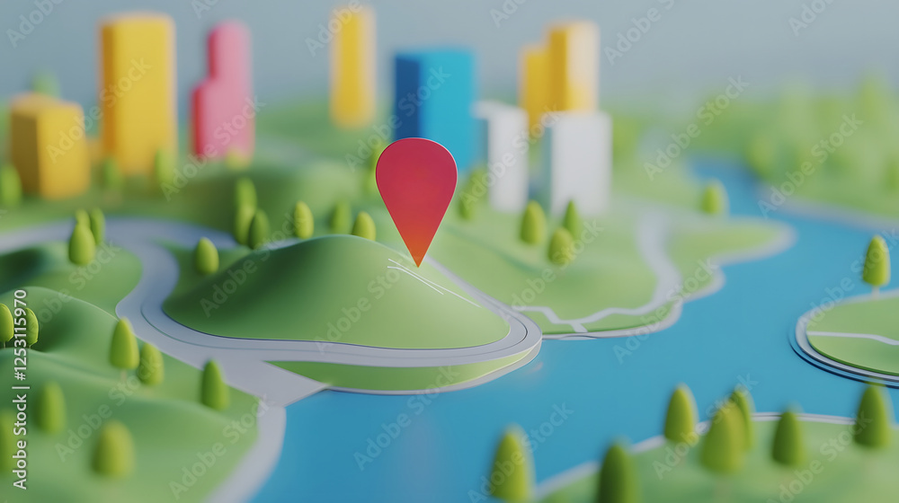 Fototapete 3d of a stylized aerial map landscape with a city skyline buildings trees and a prominent red naviga