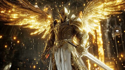 A divine light shines on the angel knight, armed with a sword and encased in armor, as they hover