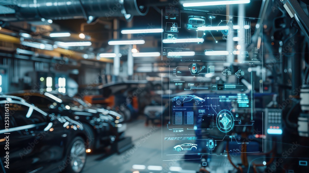 Wall mural a car is shown in a factory with a computer screen displaying a car's engine