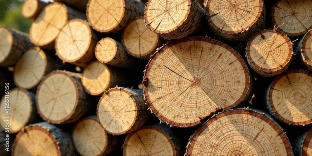 Poster a stack of neatly arranged tree trunks, showcasing the intricate rings of freshly cut wood