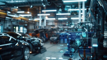 Fototapeta premium A car is shown in a factory with a computer screen displaying a car's engine