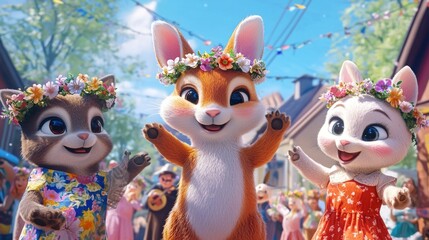 Bunny character wearing floral crown and waving, from animated film or TV show.