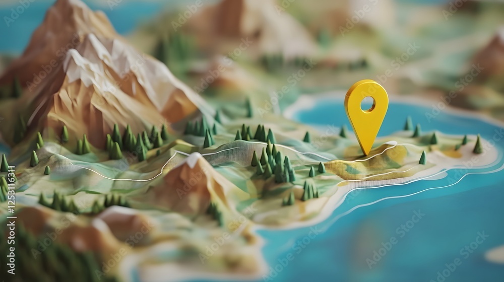 Poster 3D of a rugged mountainous landscape with a navigational map marker or pointer representing the concept of discovering new destinations  The scene features a low poly