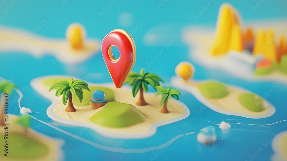 Poster 3d of a tropical island landscape with a gps location pin marker surrounded by palm trees ocean and 