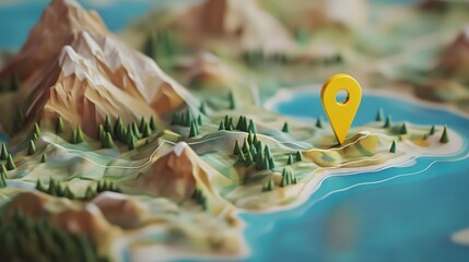 3D of a rugged mountainous landscape with a navigational map marker or pointer representing the concept of discovering new destinations  The scene features a low poly