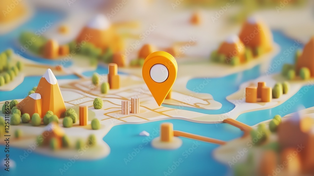 Poster 3d overhead map with colorful pin pointer marker showing landscape destination such as city town or 
