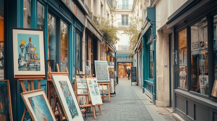 Naklejka premium Corner angle, parisian small modern art gallery, with modern art and paintings on the ways, bright,light and airy, door entrance to street on the right hand side, real photography