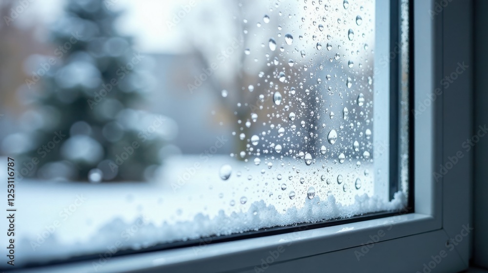 Poster winter's breath a close-up view of water droplets on a windowpane, with a softly blurred snowy lands