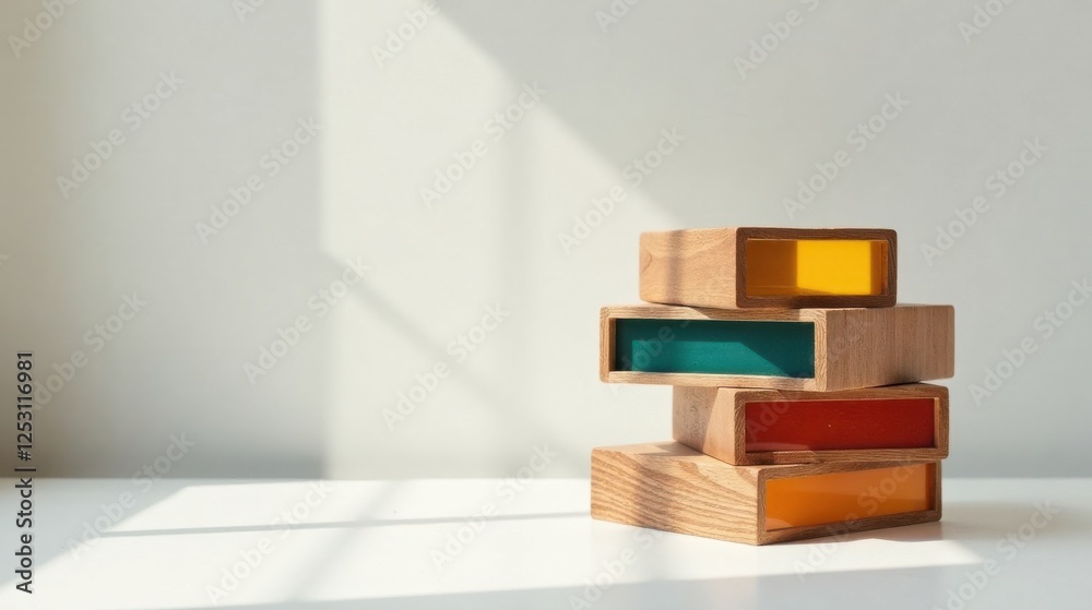 Aufkleber stack of wooden blocks with brightly colored inserts displayed on a table