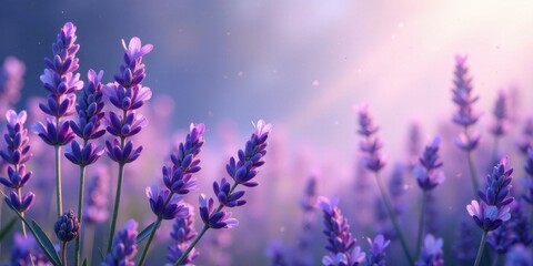 Naklejka premium Serene Lavender Field at Dawn A Soft, Dreamy Panorama of Purple Blossoms Basking in Golden Sunlight