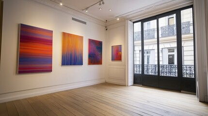 Obraz premium Corner angle, parisian small modern art gallery, with modern art and paintings on the ways, bright,light and airy, door entrance to street on the right hand side, real photography