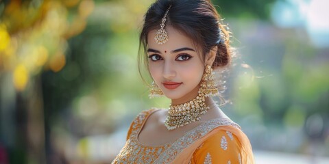 Woman in traditional Indian wear with gold jewelry, celebrating a festival or special occasion.