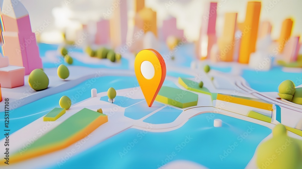 Leinwandbilder 3d rendered colorful city map with navigation pointer for and urban infrastructure visualization