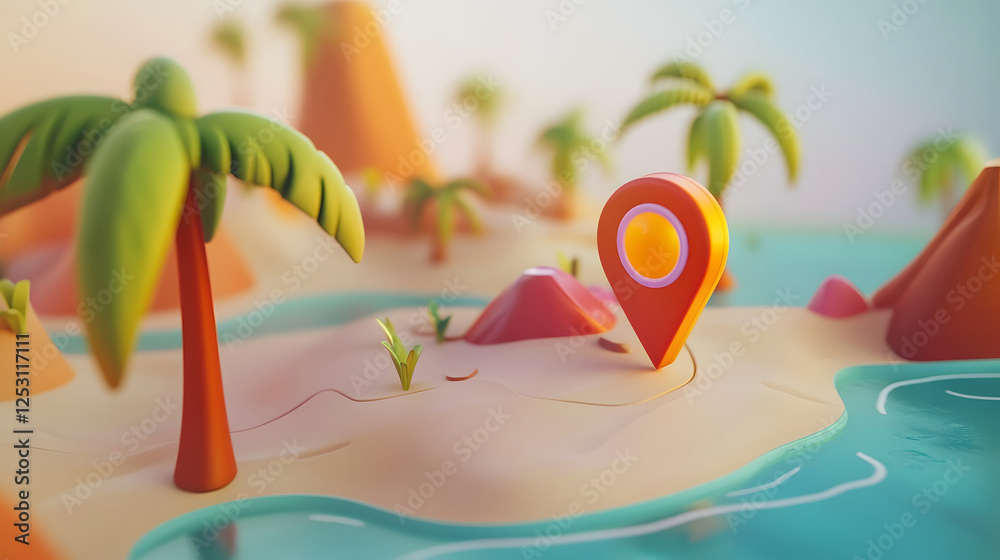 Poster 3d rendered digital artwork depicting a tropical paradise island with a navigation pin marker on a m