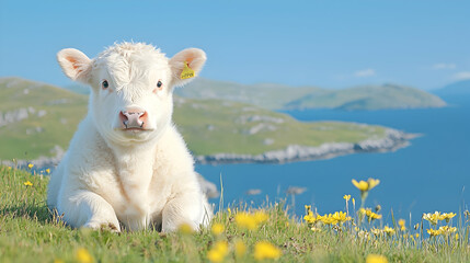 Obraz premium White calf rests on coastal hillside, ocean view