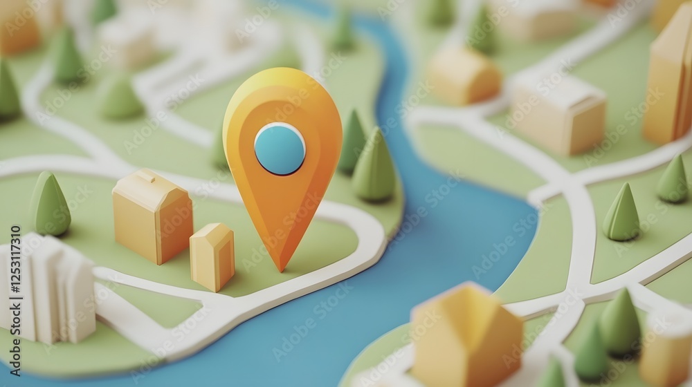 Poster 3D rendered illustrated map with navigation markers route paths and various landscape elements including mountains hills rivers forests and infrastructure like roads and buildings