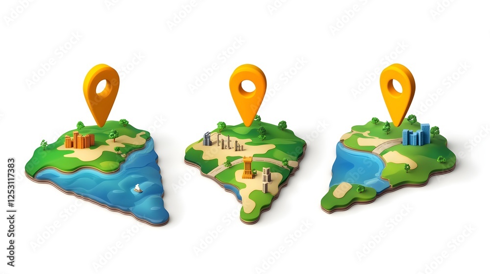Poster 3D rendered map icons depicting various terrain landscape and infrastructure elements for use in travel navigation and mobile apps websites or digital products