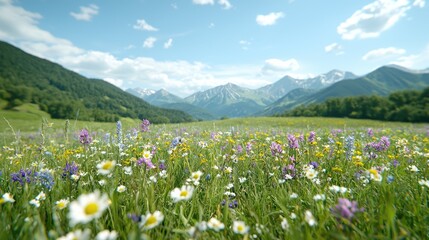 Obraz premium Vibrant wildflowers bloom in a lush green alpine meadow under a blue sky with mountains in the background.