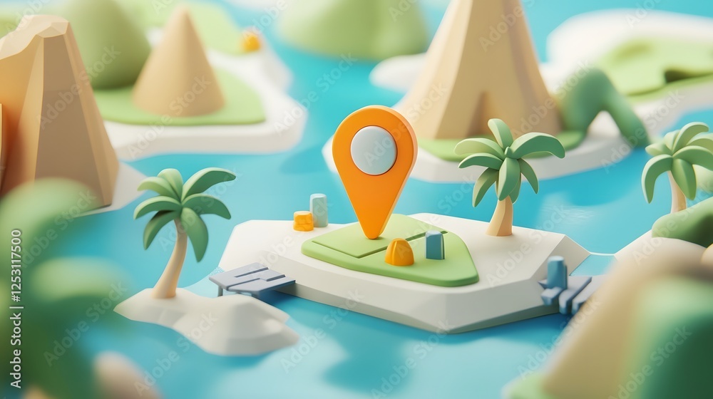 Poster 3d rendered map marker pin placed on a tropical island landscape with palm trees ocean and sandy bea