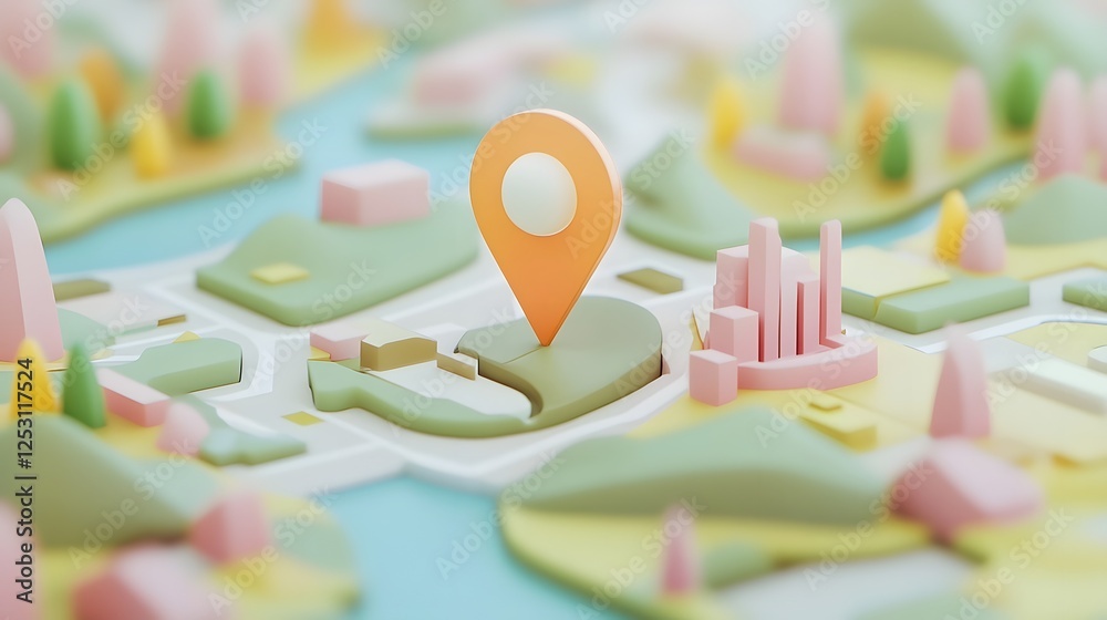 Poster 3D rendered of a stylized city map with digital navigation pins geometric patterns and a minimalist modern interface design  Concept of urban planning location tracking and mobile technology