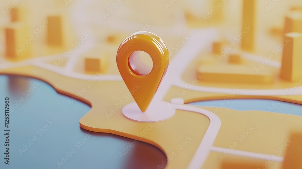Fototapete 3D rendered of an orange location pointer icon placed on a minimalist blue and yellow map like background with various digital map markers navigation symbols and infographic elements