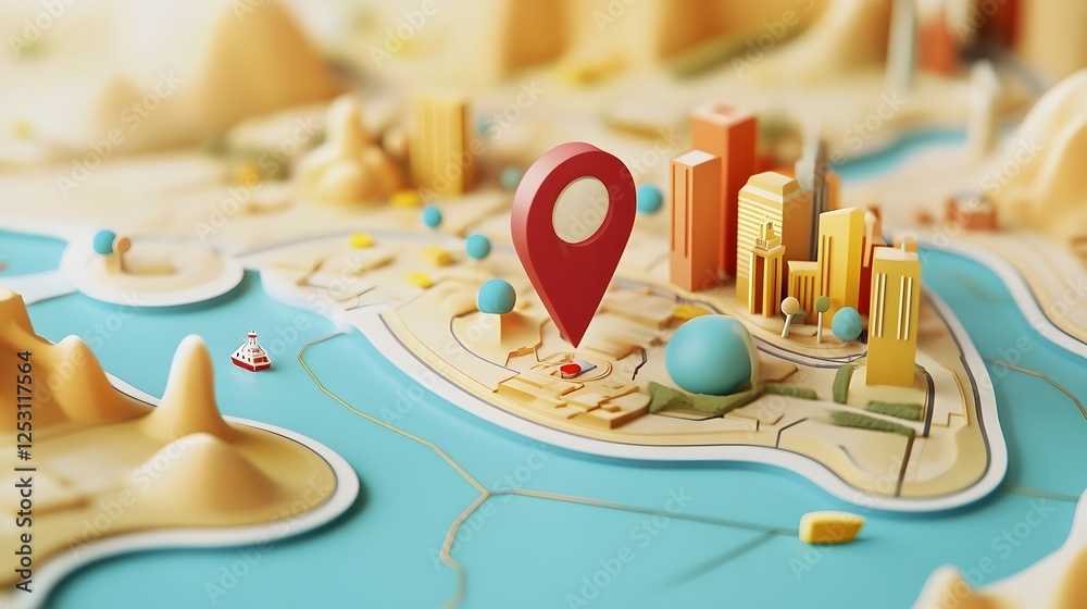Poster 3D rendered of a stylized map with a red pin pointer indicating a travel destination or landmark  The map showcases a cityscape with buildings roads and a mountainous landscape in the background