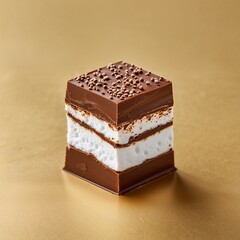 A fudgy marshmallowfilled chocolate on plain gold background