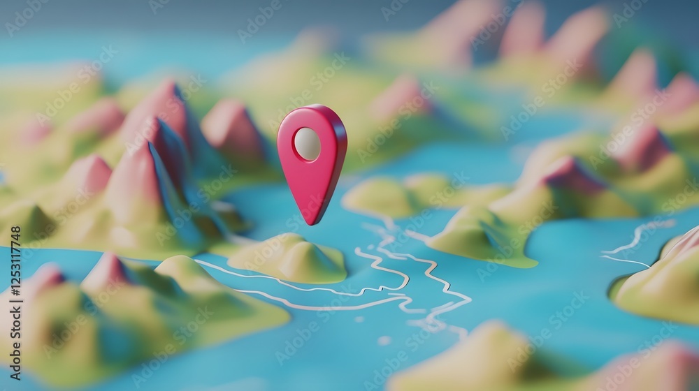 Aufkleber 3D Stylized Topographic Map with Navigation Pin Marking Destination Location  Abstract Digital of a Conceptual Landscape Background with Vibrant Color Palette and Geometric Patterns