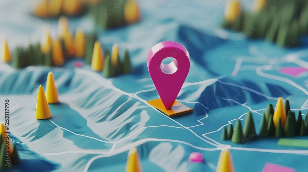 Poster 3d topographic map with a navigation marker pin highlighting an outdoor adventure location amidst a 