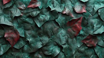 Dark Teal and Crimson Leaves: A Textured Botanical Abstract