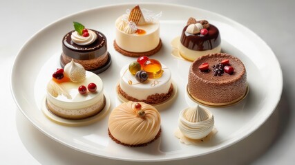A selection of gourmet desserts arranged on a white plate.