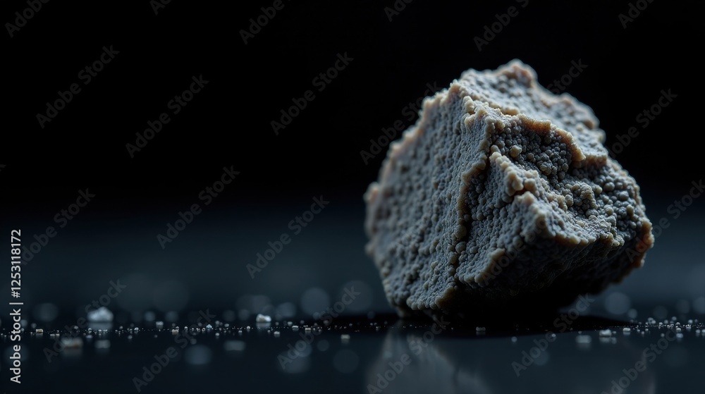 Fototapete a textured cubic form with granular surface, resting on a dark reflective plane, illuminated by subt