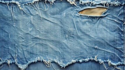 Frame of denim blue jeans fabric with ripped details. Recycled old jeans denim piece showcasing a seam fragment