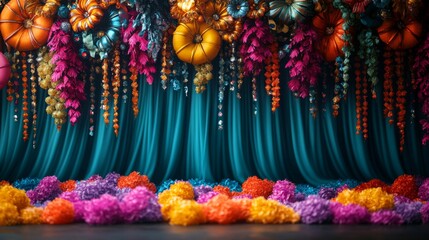 Fototapeta premium Opulent Autumnal Display, A Symphony of Textures and Vibrant Hues on Teal Fabric Backdrop