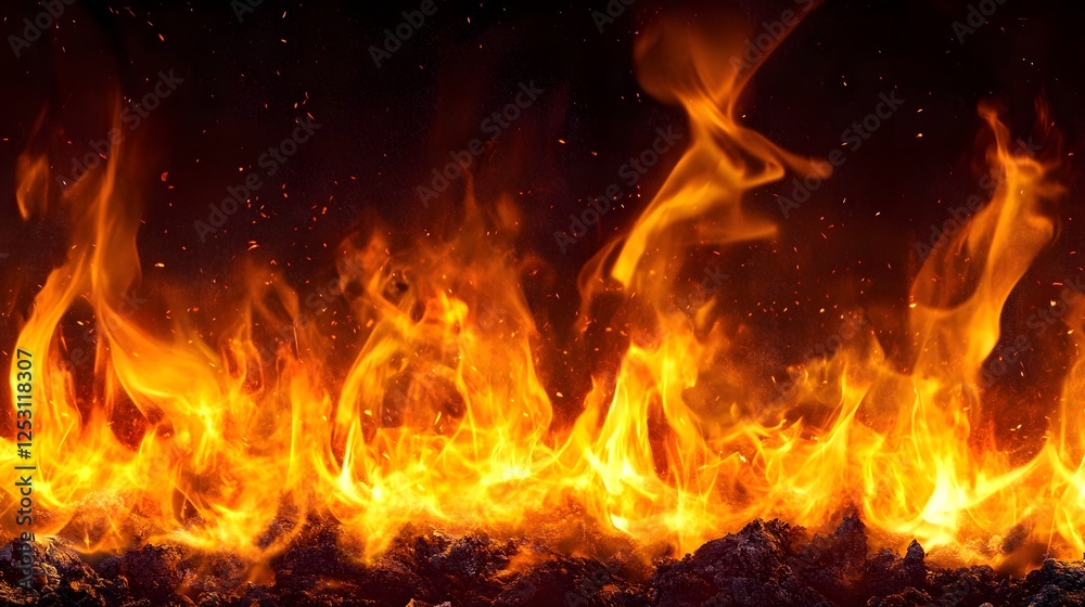 Poster a breathtaking and dynamic scene of a raging inferno of fiery flames engulfing the environment in a 