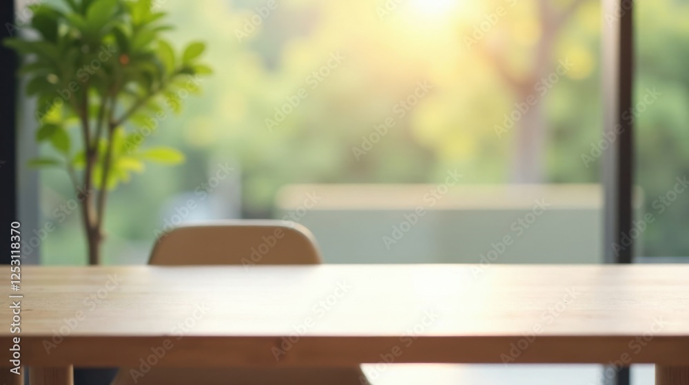 Poster sunlit wooden table with a blurred background of greenery and a chair