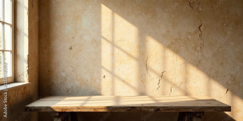 Poster rustic wooden table against a sunlit weathered wall, offering a serene and minimalist setting for pr