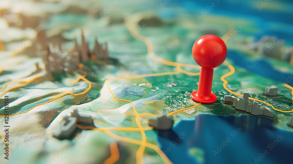 Poster A close up view of a red compass pin firmly placed on a detailed colorful topographic map indicating a specific location or destination for navigation